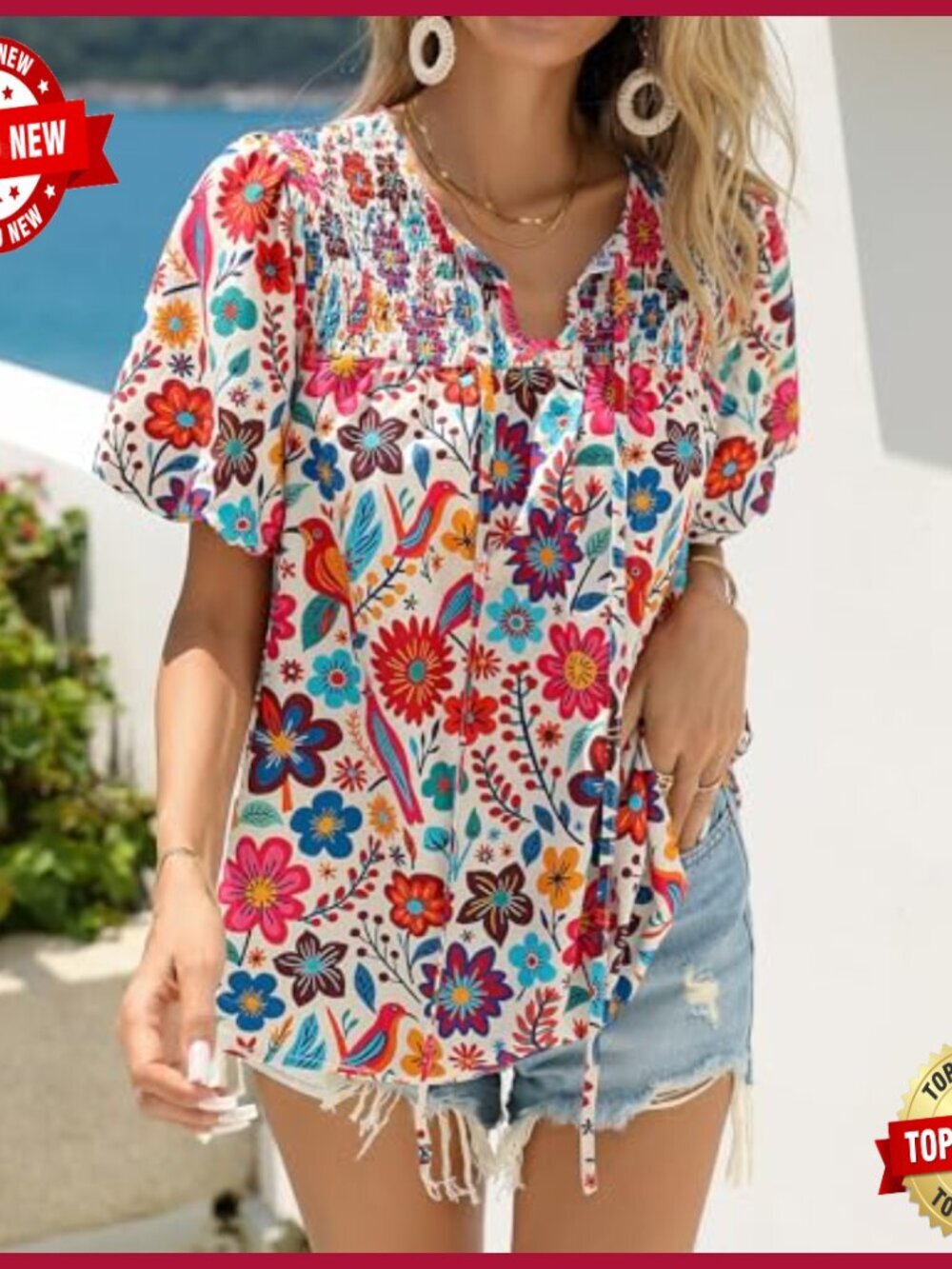 Floral V-Neck Blouse Drawstring Short Sleeve Boho Top Summer Casual - Picture 6 of 7